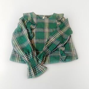 Romeo & Juliet Couture Blouse Top Sz M Gray Red Plaid Ruffle Long Sleeve Shirt